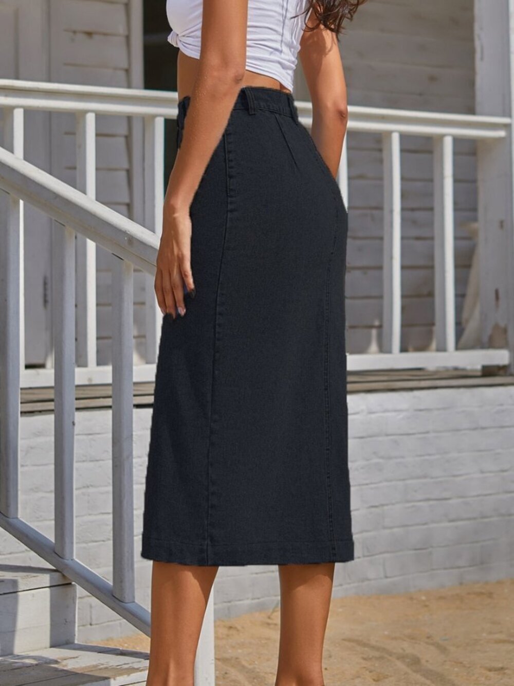 Black Casual Women's Button Front Longline Denim Skirt - Picture 2 of 8